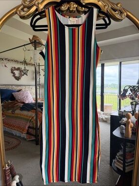 Yelete Sleeveless Midi Dress with Red, Teal, Mustard, Black, White Stripes